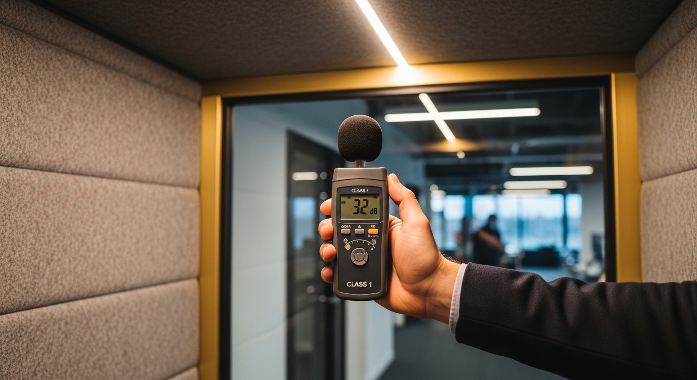 Mesure acoustique au sonomètre dans un bureau